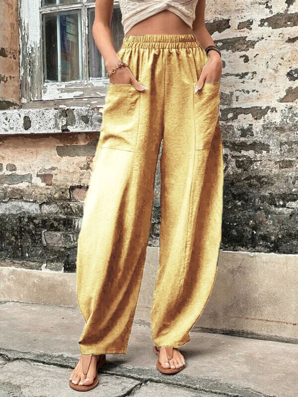 Women's solid color pocket elastic pants