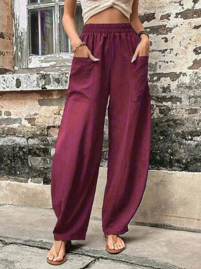 Women's solid color pocket elastic pants