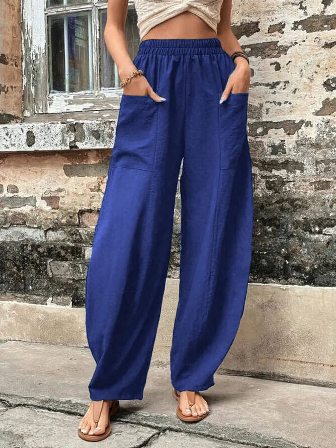 Women's solid color pocket elastic pants