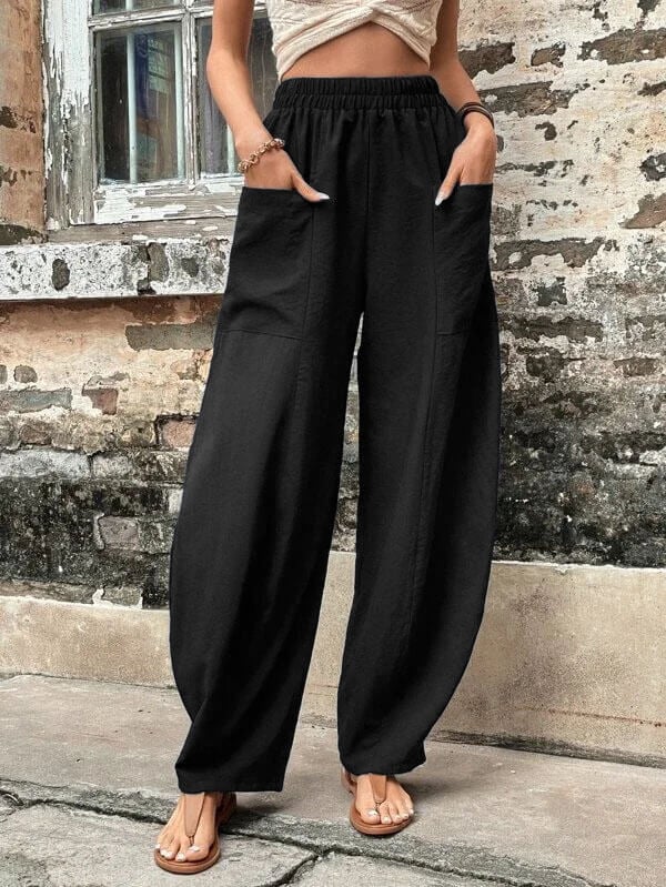 Women's solid color pocket elastic pants