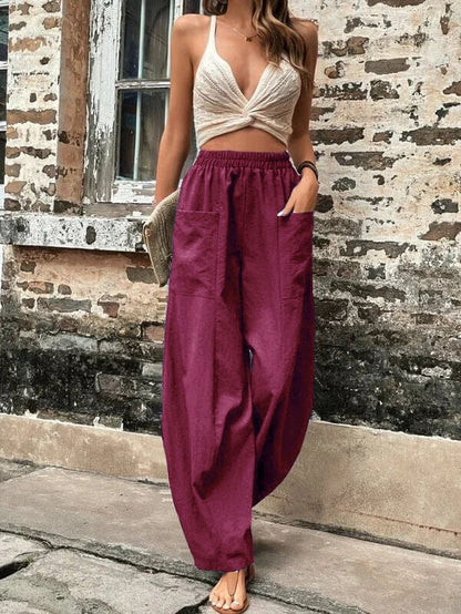 Women's solid color pocket elastic pants