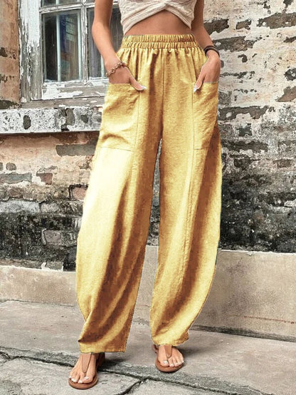 Women's solid color pocket elastic pants