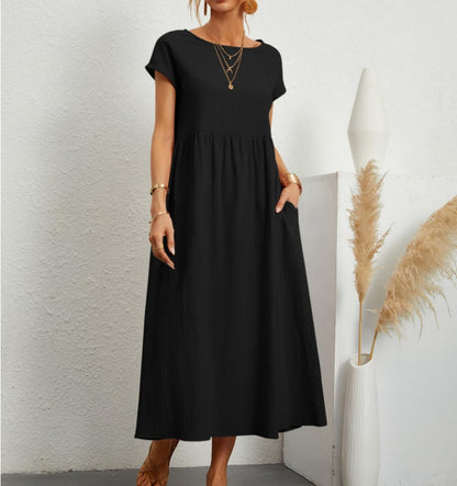 Solid Color Sleeveless Loose Cotton Pocket Dress