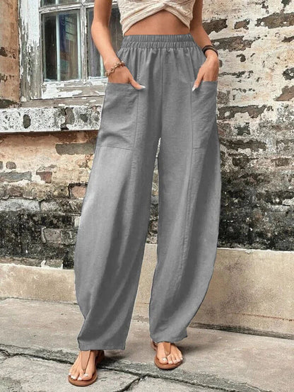 Women's solid color pocket elastic pants