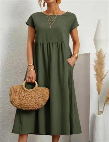 Solid Color Sleeveless Loose Cotton Pocket Dress