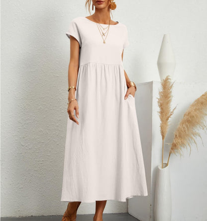 Solid Color Sleeveless Loose Cotton Pocket Dress