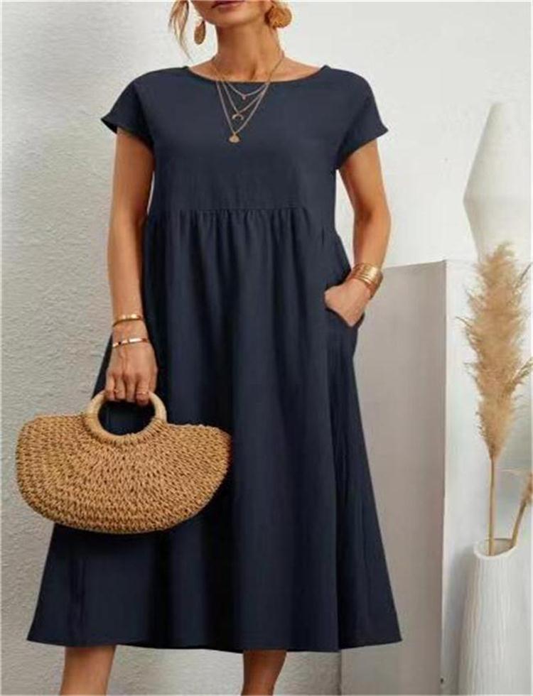 Solid Color Sleeveless Loose Cotton Pocket Dress