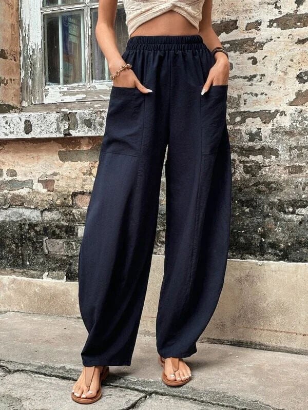 Women's solid color pocket elastic pants