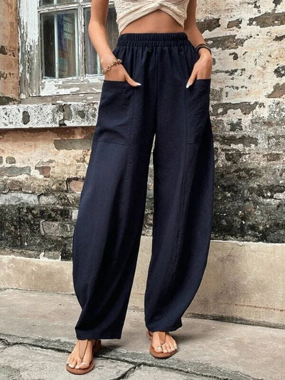 Women's solid color pocket elastic pants