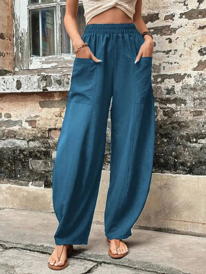 Women's solid color pocket elastic pants