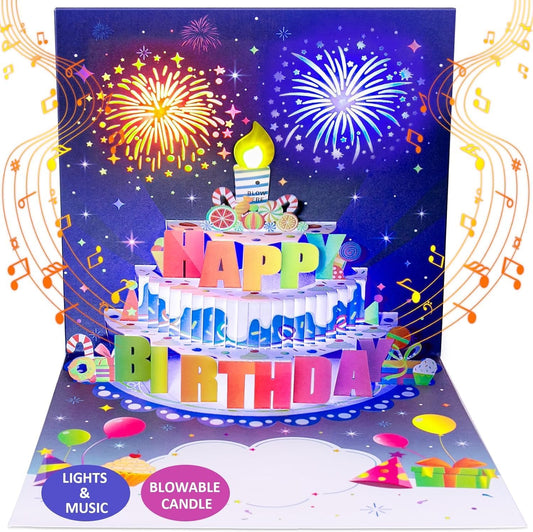 🔥LAST DAY 49% OFF-Birthday Cards With Fireworks & Pop Up Cake & Blowable Light and Music