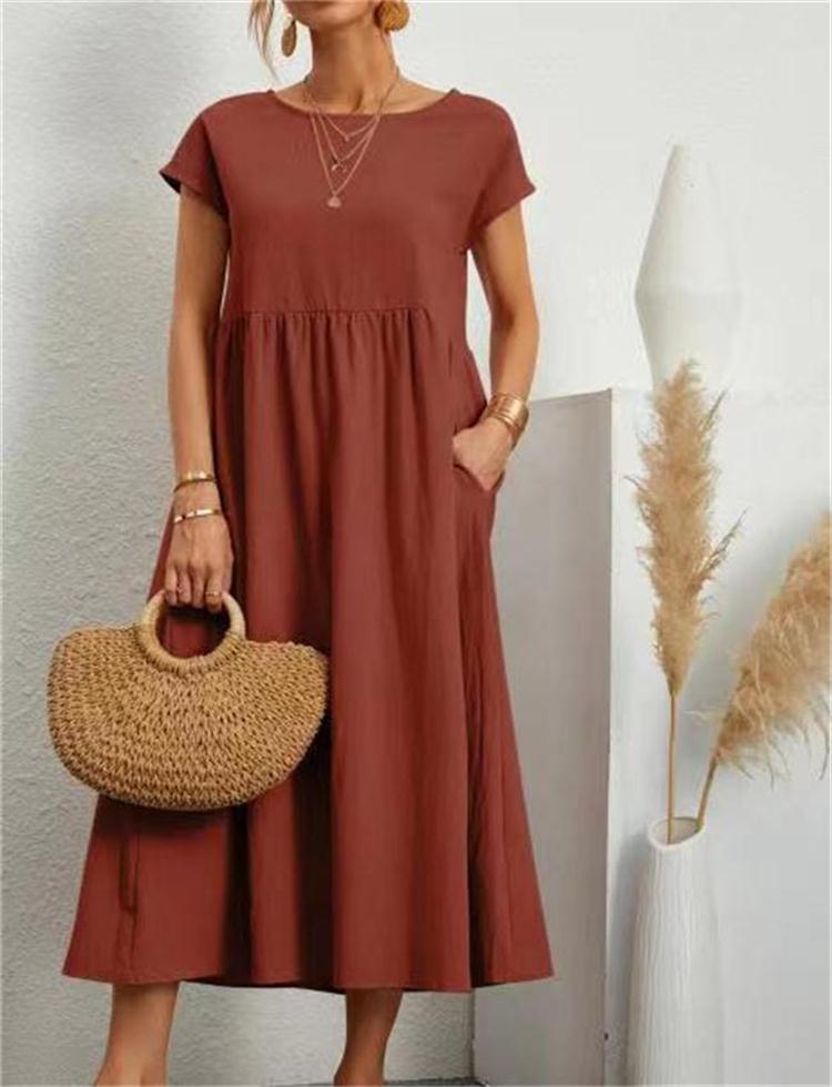 Solid Color Sleeveless Loose Cotton Pocket Dress