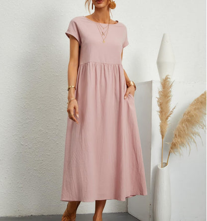 Solid Color Sleeveless Loose Cotton Pocket Dress