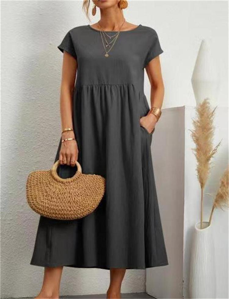 Solid Color Sleeveless Loose Cotton Pocket Dress