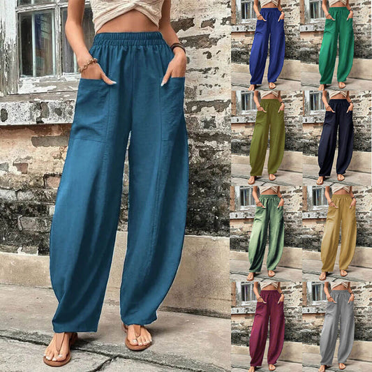 Women's solid color pocket elastic pants