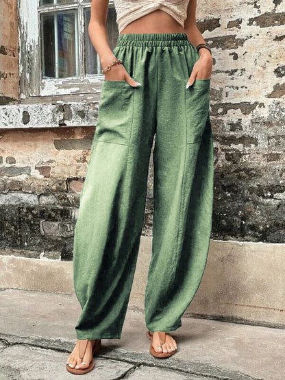 Women's solid color pocket elastic pants